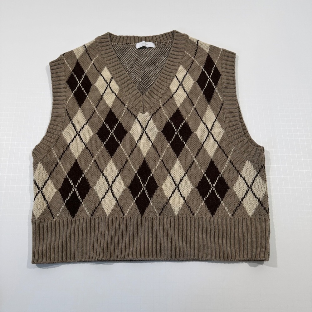 Oak + Fort Sweater Vest Womens Small Brown Argyle V-Neck Knit Layering Vest